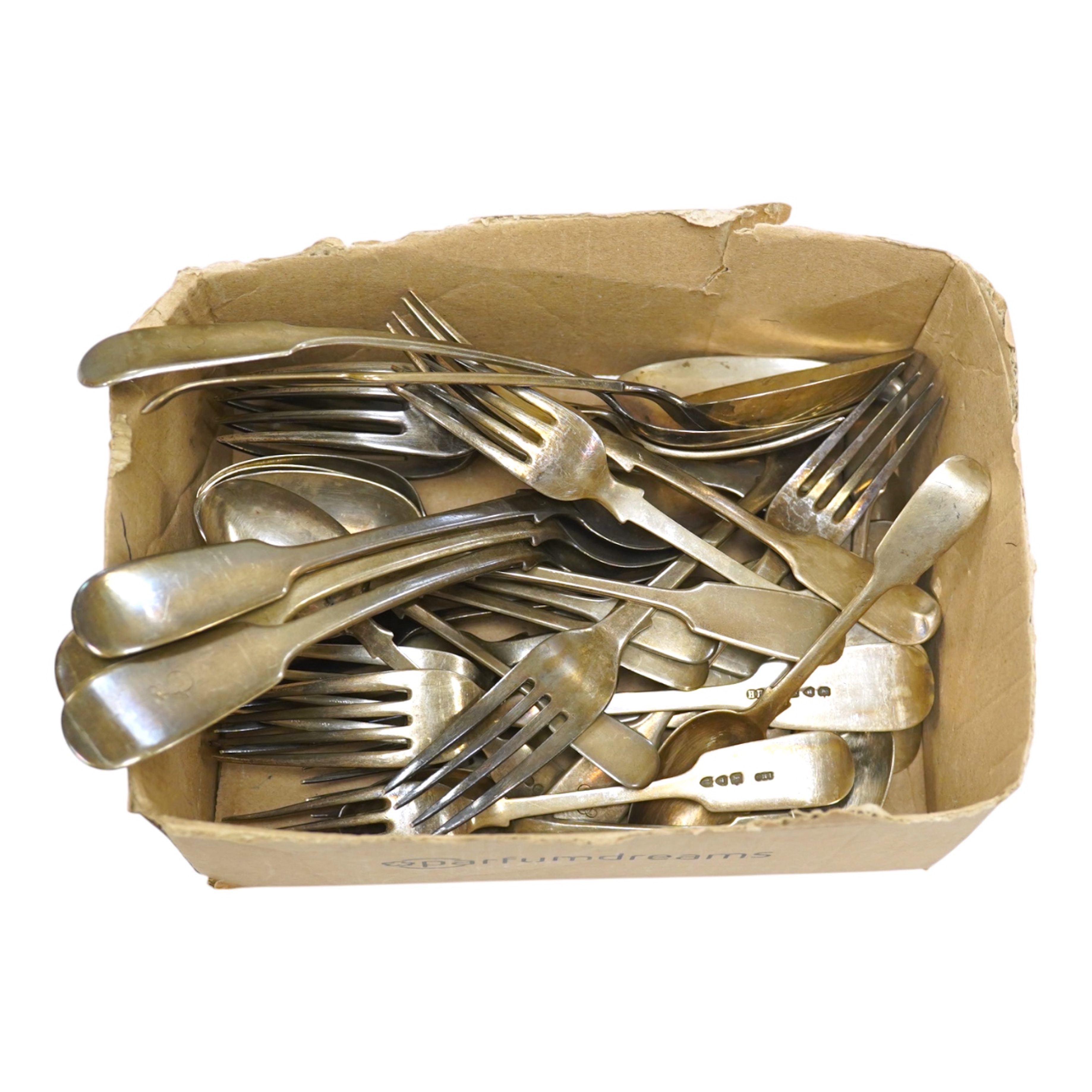 A Victorian harlequin part canteen of silver fiddle pattern flatware, various date and makers, 46.1oz. Condition - poor